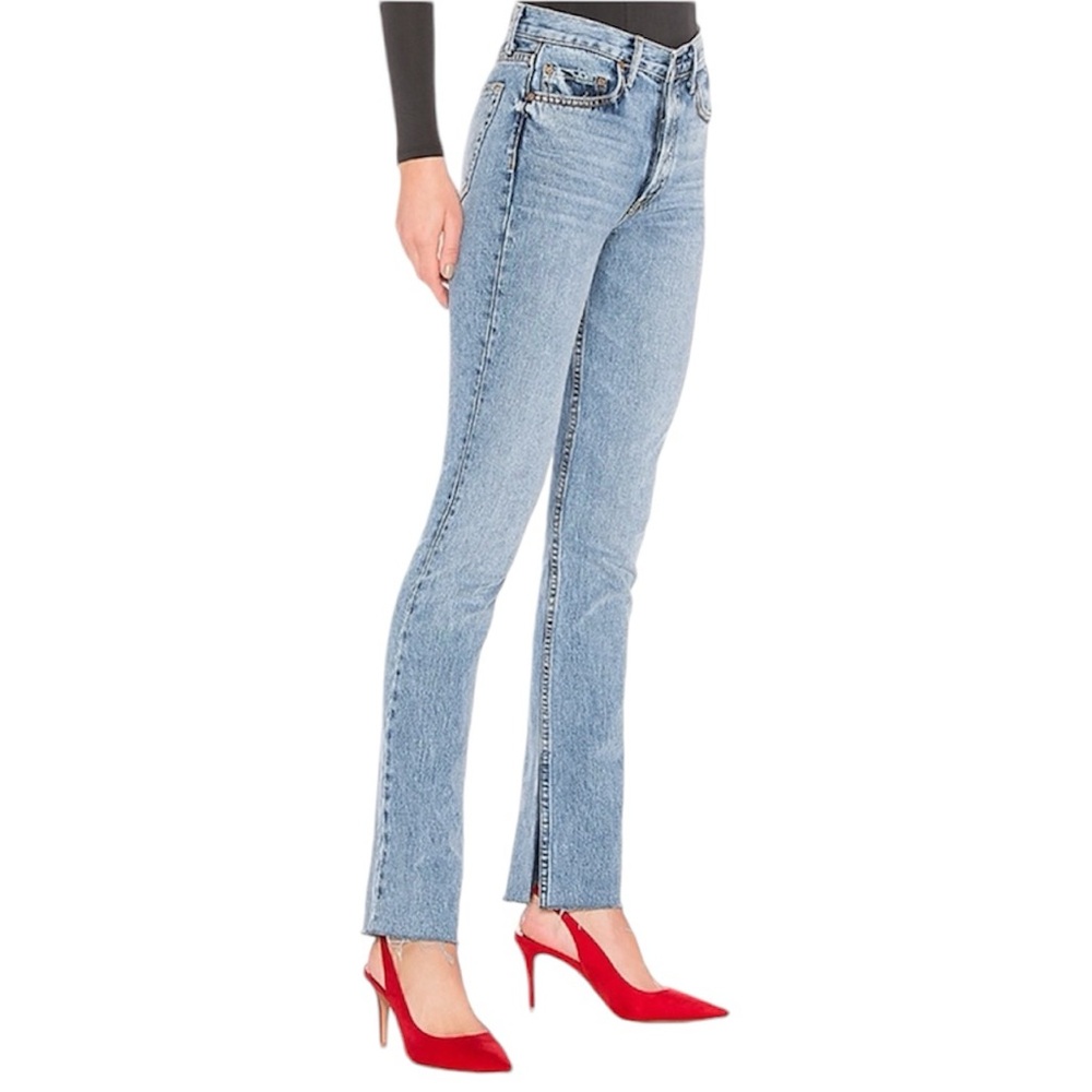 GRLFRND Addison HR blue jeans, split boot jeans, frayed hem, distressed, size 26